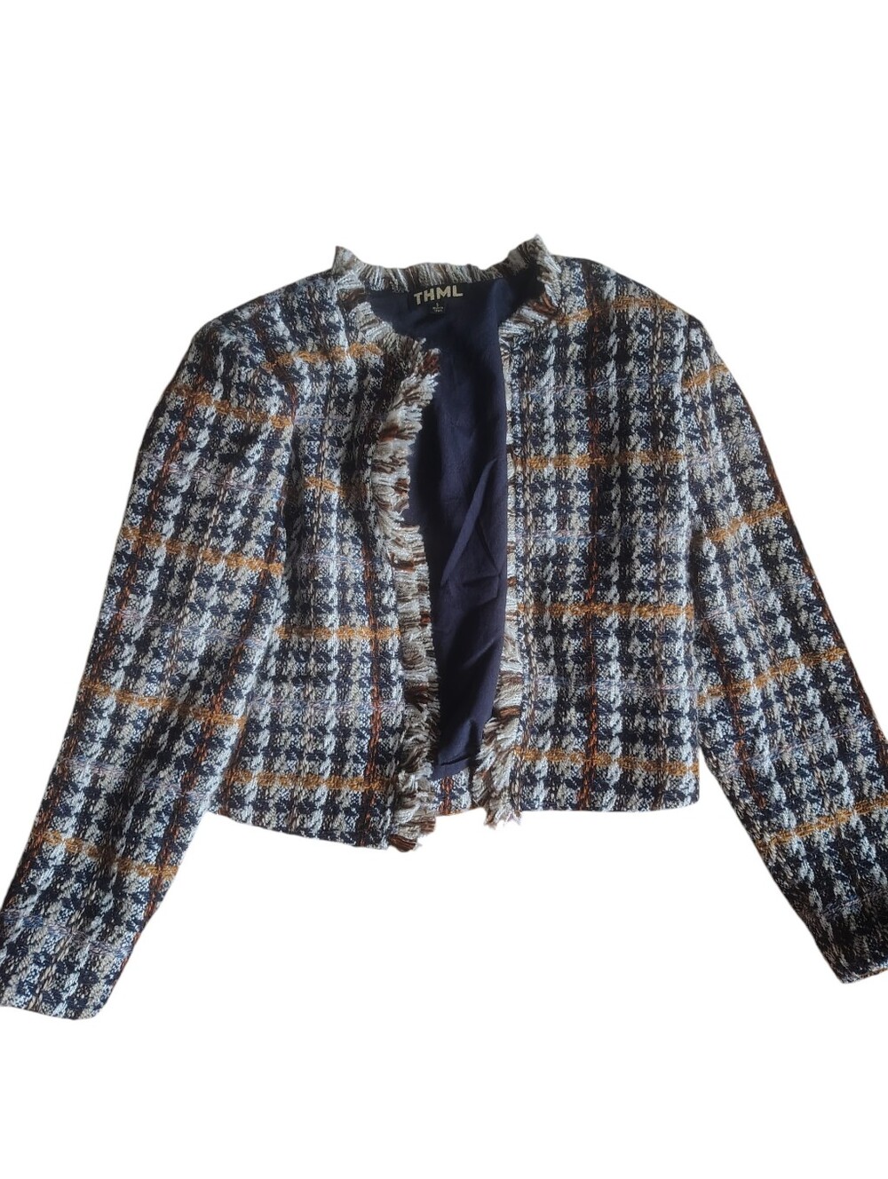 THML Navy, Brown & Cream Tweed Fringed Cropped Blazer Small